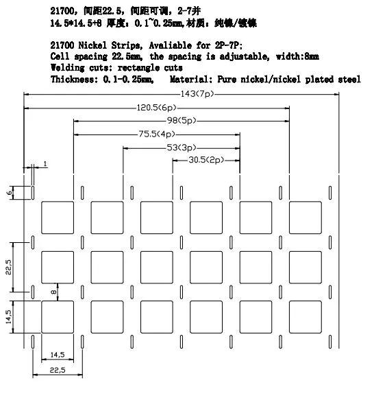 2p、4p、5p、6p 纯镍带，适用于 21700，0.2 毫米厚，1 米切割长度